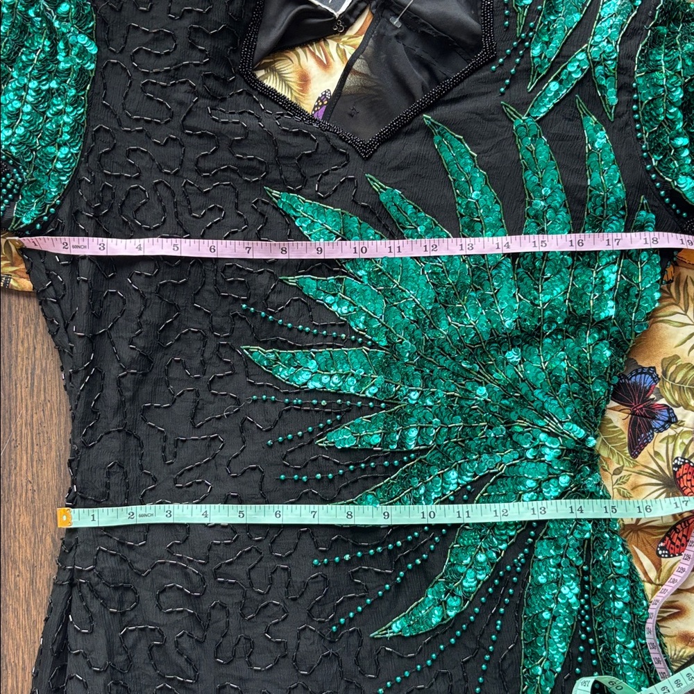 Vintage Carina Black Green Sequin Beaded Dress Size Medium 100% Silk Formal Sz M - Picture 14 of 15